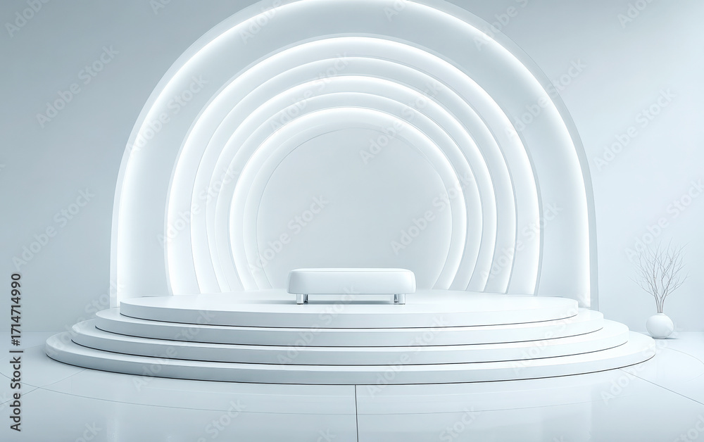 Fototapeta premium Modern minimalist white arch stage with simple furniture