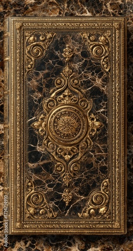 Ornate antique book with dark marble cover and gold gilded frame, intricate detailing, showing signs of age and wear