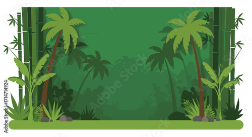 Lush jungle scene with vibrant palms and bamboo, evoking tropical tranquility, perfect for adventurous travel or exotic resort promotion