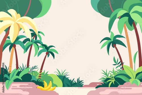 Tropical jungle paradise scene with lush palms and bananas, perfect for summer vacation designs and exotic travel themes