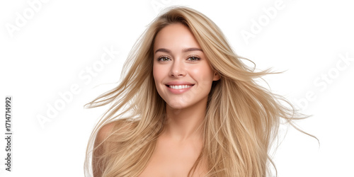 Young smiling blonde woman healthy hair transparent PNG set bundle isolated background