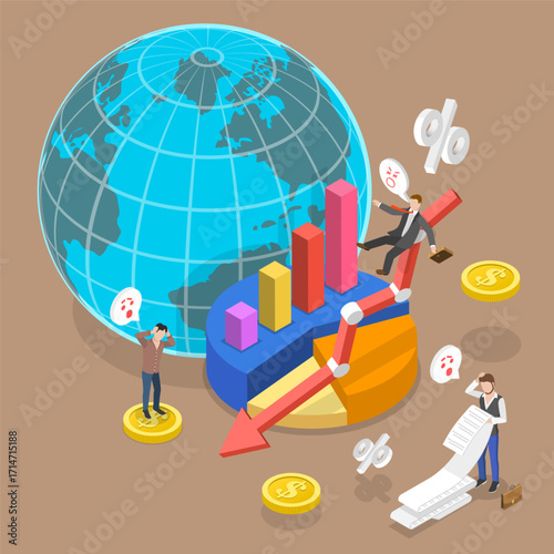 3D Isometric Flat Vector Illustration of Stock Failure, Businesspeople With Financial Problems And A Decreasing Arrow Chart