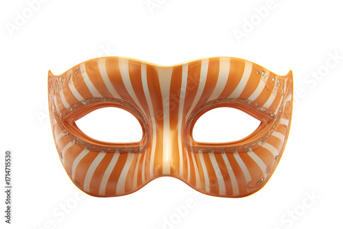 Orange and White Striped Venetian Masquerade Mask with Gold Accents isolated on a transparent background