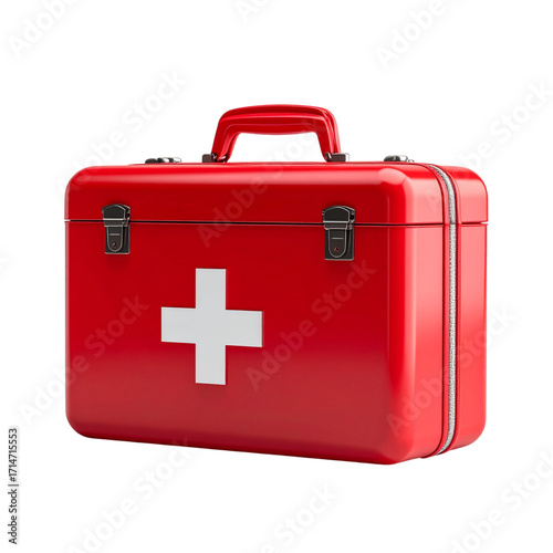 Red First Aid Kit Box with White Cross for Medical Emergency on Transparent Background