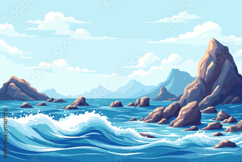 Stunning ocean view with rocky cliffs and gentle waves, perfect for travel brochures or coastal-themed websites and serene backgrounds