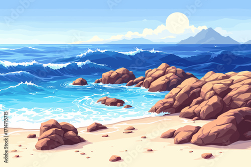Serene seaside escape with rocky coast and gentle waves, perfect for summer vacation vibes and tranquil coastal scenes, bright sunny day