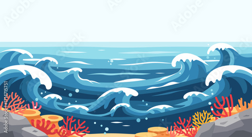 Vibrant ocean waves crashing over coral reefs, a playful underwater scene, perfect for a summer themed design or a nautical themed project