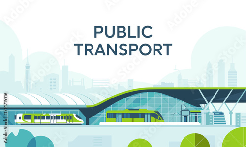 Modern public transport illustration featuring sleek green trains at a stylish station, perfect for urban mobility and eco-friendly travel concepts