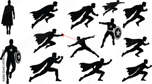 Dynamic superhero silhouette vector set with action poses, cape, shield, laser eyes, comic style, heroic stances for creative design projects