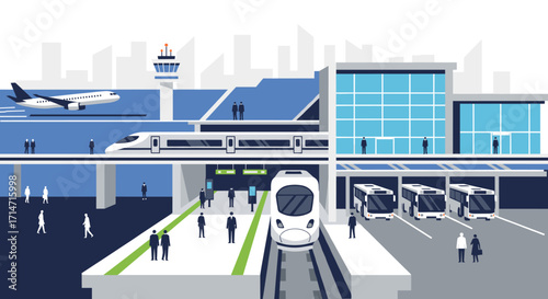 Modern transportation hub with airplane, train, and buses creating a bustling scene for travel and commuting efficiently and seamlessly