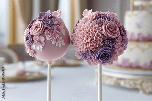Wedding cake pops in shades of pink and purple, elegantly decorated with intricate sugar flowers and perfect for an elegant reception