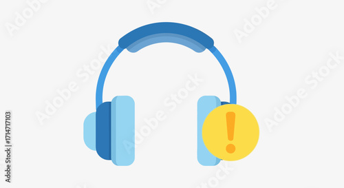 Blue headphones with a yellow warning symbol on a white background.