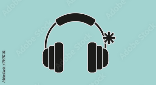 Black headphones on a light blue background with a starburst.