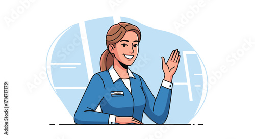 Woman in blue uniform waves hello at a desk.