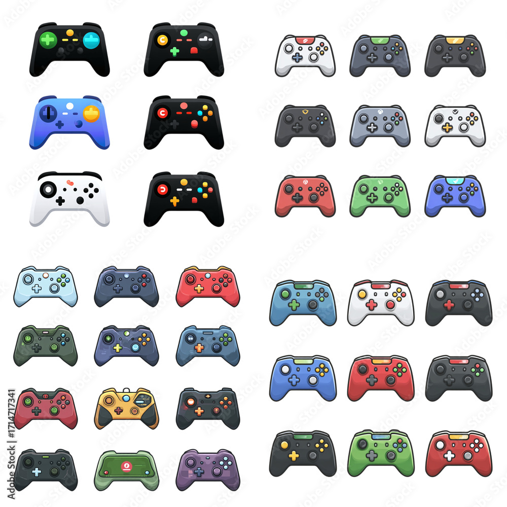 flat vector icon set of 8 gaming controller designs, bold RGB flat colors, consistent strokes, isolated on white flat vector icon set of 8 gaming controller designs, bold RGB flat colors, consistent strokes, isolated on white