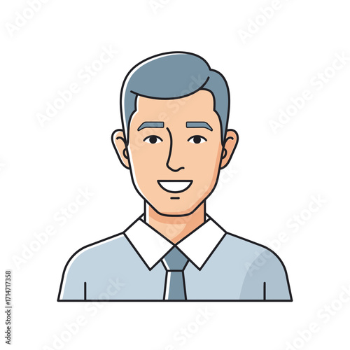 Cartoon portrait of a smiling man in a light blue shirt and tie.