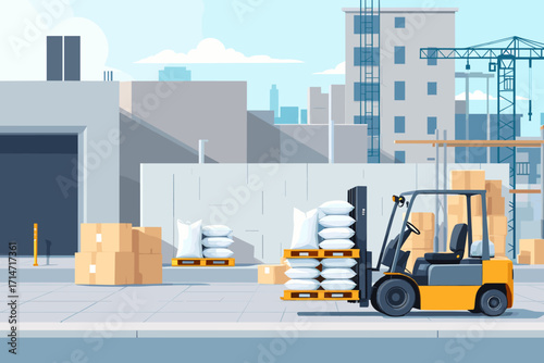 Forklift carrying materials at construction site, a modern industrial scene perfect for logistics, manufacturing and construction themes