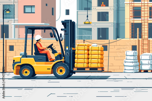Hardworking construction worker skillfully operating forklift to move supplies at busy urban building site, ensuring efficient progress