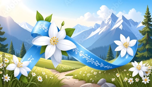 Fototapeta Naklejka Na Ścianę i Meble -  Mountain meadow with ribbon and flowers