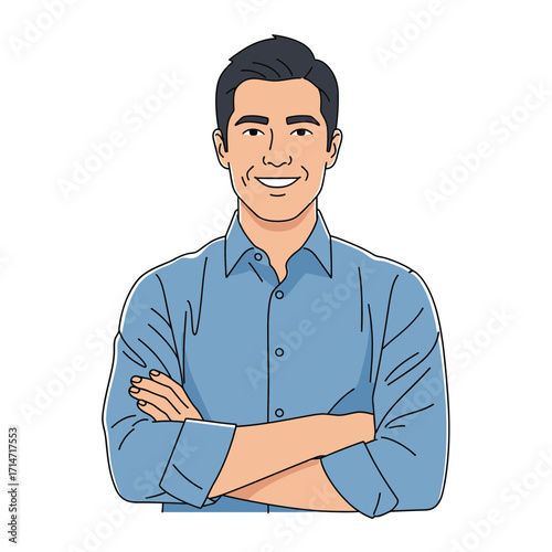 Man with arms crossed smiling against white background.