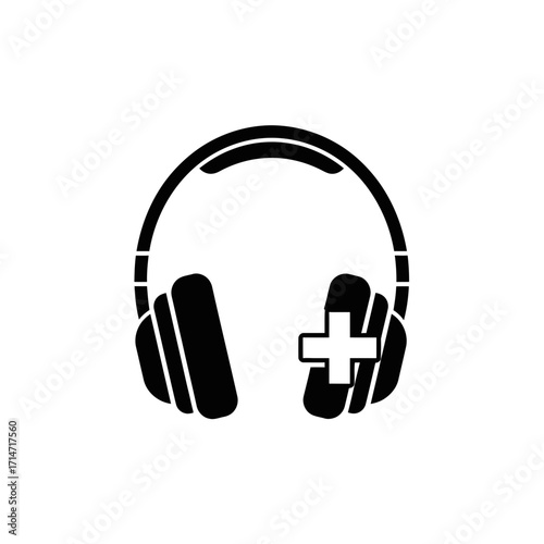Black and white icon of headphones with a plus sign.