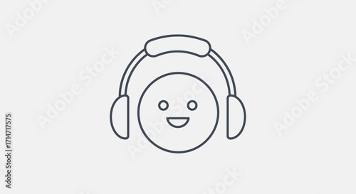 Simple line drawing of a smiling face wearing headphones.