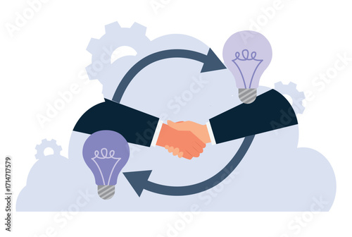 Exchange light bulb ideas. Two businessmen shaking hands.