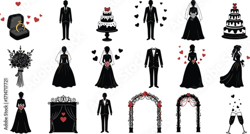 Elegant wedding vector illustration set with bride, groom, cakes, rings, arches, bouquets, champagne, romantic decorations, and celebration elements for design
