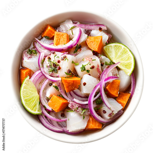 Fresh peruvian ceviche with white fish sweet potato red onion and lime isolated on transparent background