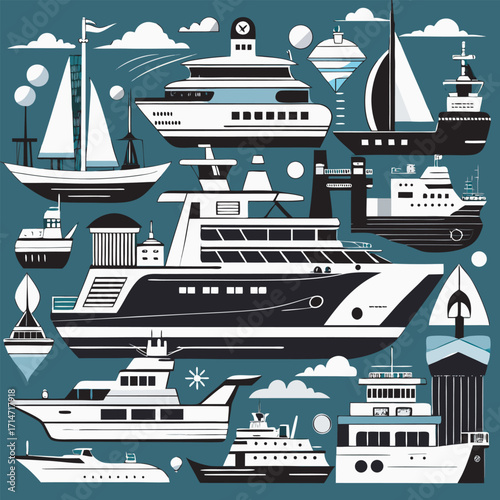 Colorful Maritime Illustration Featuring a Variety of Boats, Yachts, and Ships on the Ocean, Perfect for Travel, Adventure, and Water Transport Designs"