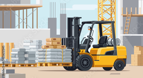Forklift lifting materials on construction site, showcasing efficiency and progress in building industry, perfect for illustrating construction