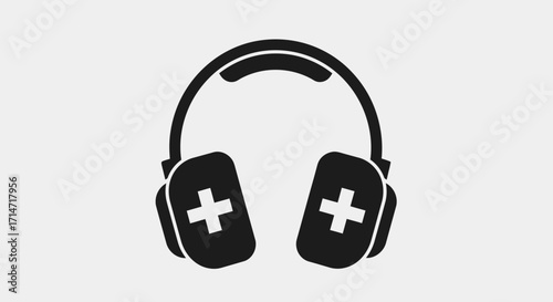 Black and white icon of headphones with plus signs.