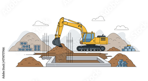 Excavator at construction site digging foundation for new building project, perfect for illustrating infrastructure and development
