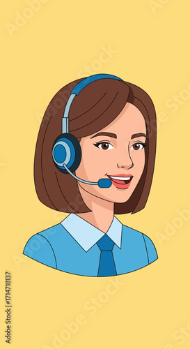 Woman with headset and microphone on yellow background.