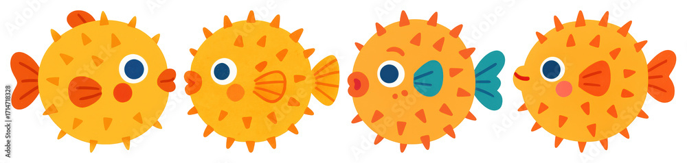 Fototapeta premium PNG Colorful cartoon pufferfish illustration, element set on transparent background