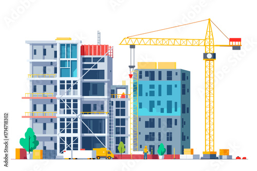 Modern buildings under construction with a large crane, perfect for illustrating real estate development and urban planning projects.