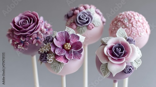Wedding cake pops in shades of pink and purple, decorated with intricate sugar flowers, offering a cute and edible treat