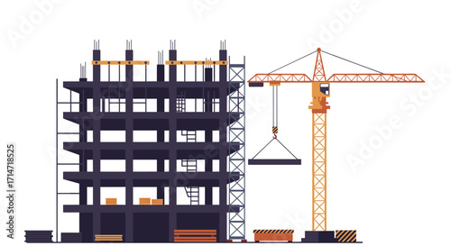 Modern building under construction with crane lifting materials, illustrating progress and development in urban area, construction industry growth