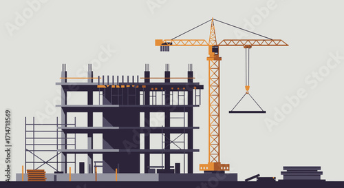Modern building under construction with crane, perfect for architectural designs and urban development projects, showcasing growth and progress.