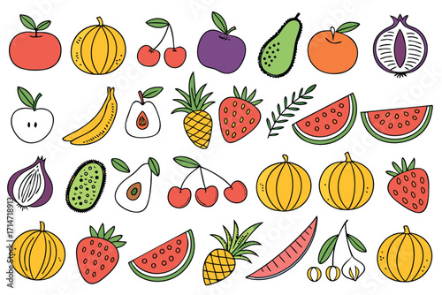 Set of colorful fruits and vegetables icons illustration pattern with apples, bananas, strawberries, oranges, lemons, pears, and more