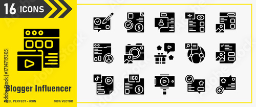 Blogger Influencer icon set. Editable Stroke Icon Collection. check paper, comment, views, analytics, camera. Solid icons, icon interface, icon pack, vector collection.