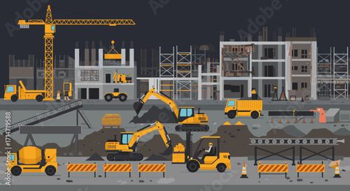 Dynamic construction site featuring cranes, excavators, and heavy machinery in a busy urban development project, perfect for business