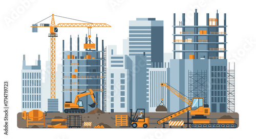 Dynamic city skyline under construction with heavy machinery, cranes, and buildings, showcasing urban development and progress with workers.