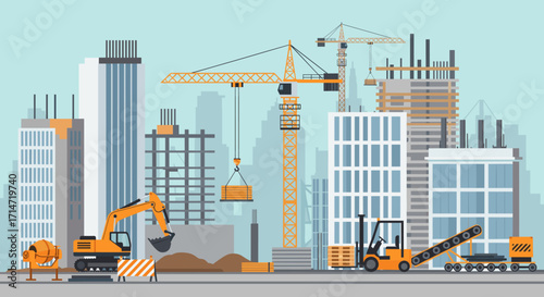 Dynamic construction site scene with cranes, buildings, and heavy machinery, perfect for illustrating urban development and infrastructure projects