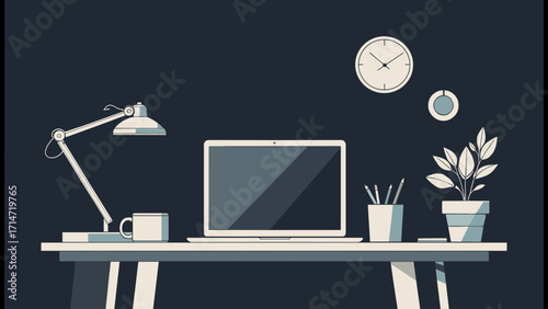 Stylish modern workspace with laptop, lamp, clock, and plant for productive work from home or creative office environment setting