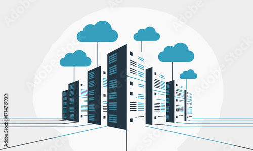 Modern cloud server data storage with network connections providing solutions for global digital business and technology services online