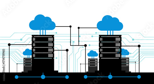 Reliable cloud hosting servers connecting to network for digital business solutions, scalable technology architecture, modern data storage solutions