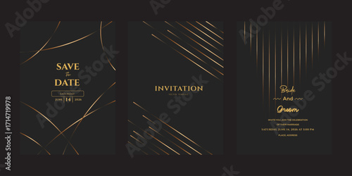 Modern Wedding Save the Date  Invitation Cards  Black Gold Design