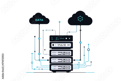 Secure cloud data storage and networking solution for modern business, featuring connected servers and streamlined data management systems