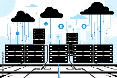 Seamless cloud computing servers connecting in modern data center for global network and information technology solutions, data storage and sharing